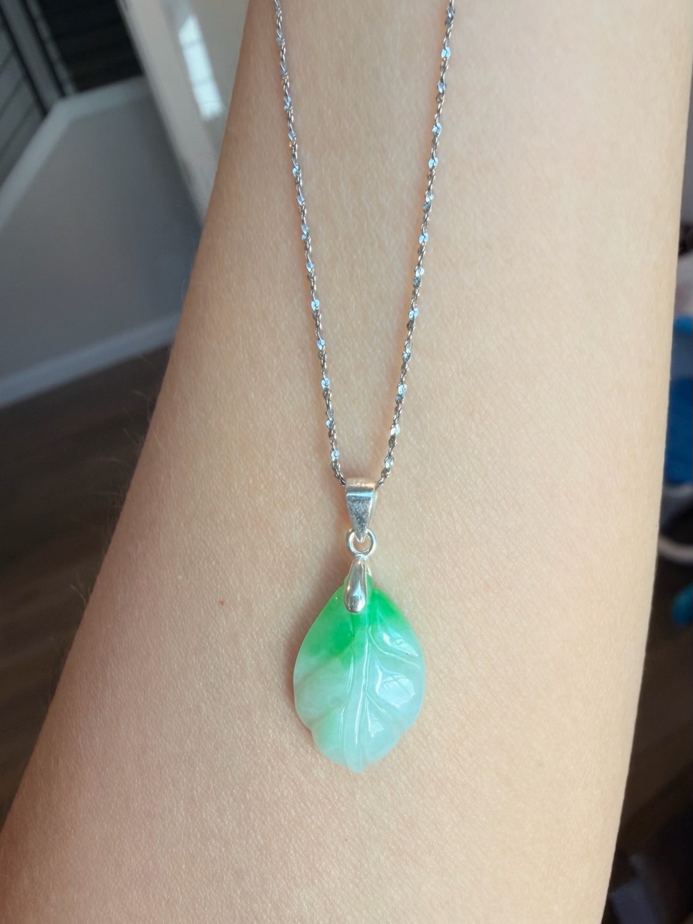 Natural Type A Burmese Jadeite Leaf Pendant in 925 Sterling Silver